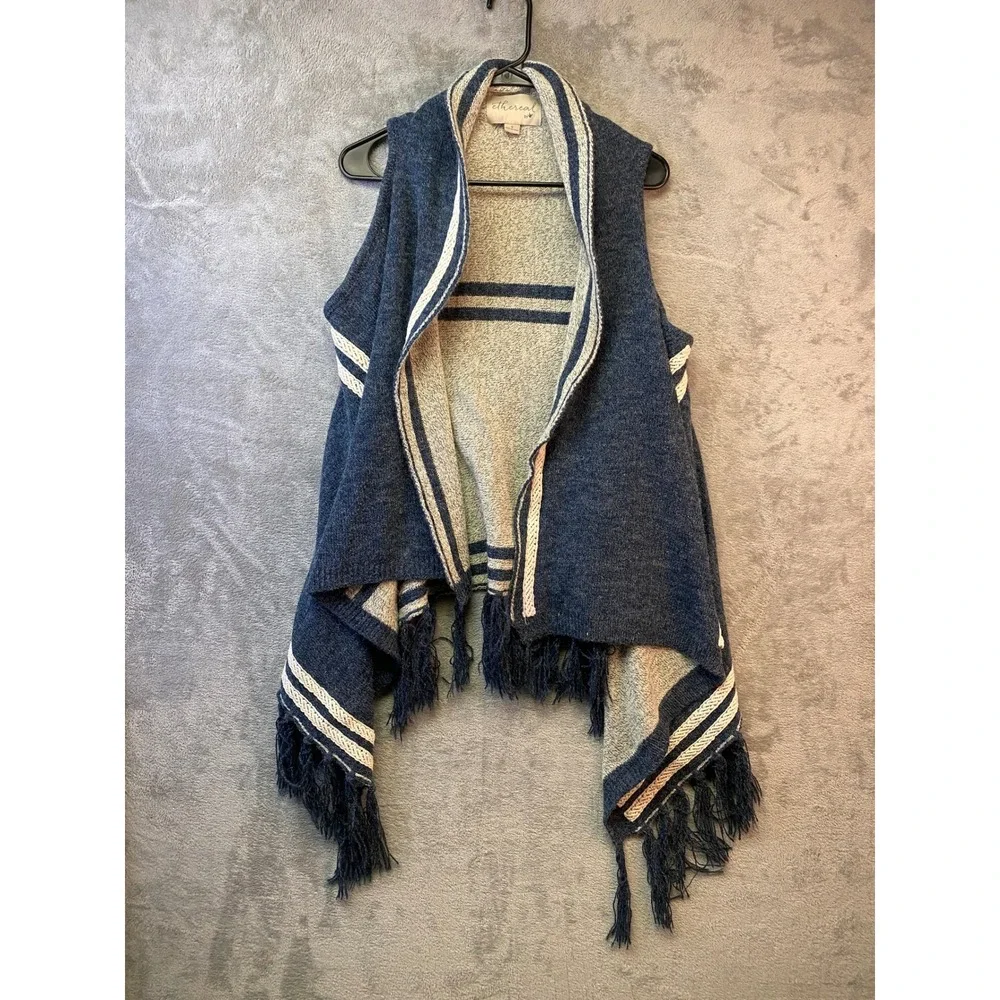 Ethereal by V Blue Cream Striped Fringe Open Front Knit Sweater Vest Small